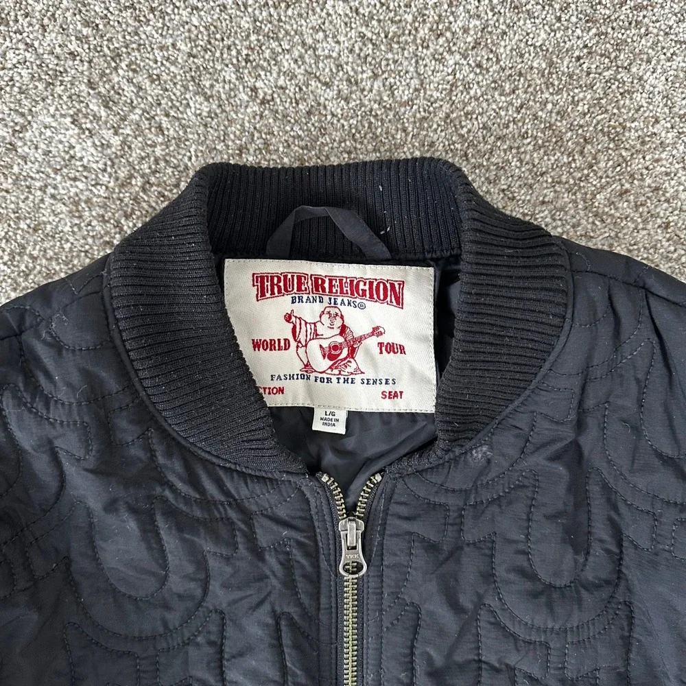 True Religion Bomber Jacket Black Quilted Horseshoe Logo‎ Men's Large